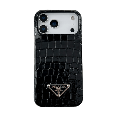HypedEffects Prada Crocodile-Embossed Phone Case for iPhone 17 with Iconic Metal Triangle Logo