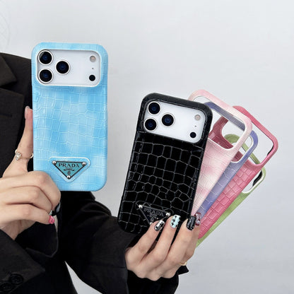 HypedEffects Prada Crocodile-Embossed Phone Case for iPhone 17 with Iconic Metal Triangle Logo